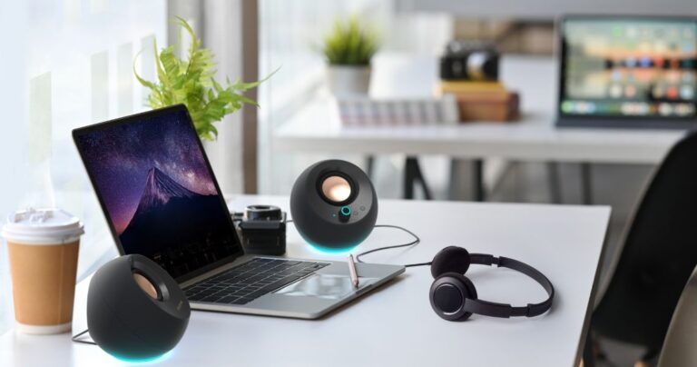 Creative Pebble Pro Speakers on office desk